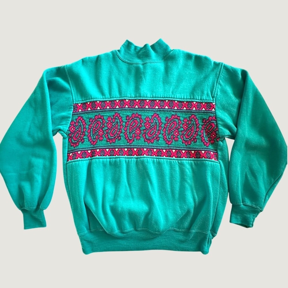 Vintage American Weekend Teal Paisley Knit Band Mock Neck Sweatshirt Medium